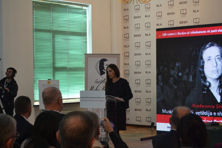 Minister of Culture Ms Mirela Kumbaro holding her speech